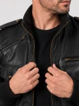Men’s Flap Pockets Military Style Leather Jacket