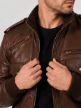 Men’s Flap Pockets Military Style Leather Jacket
