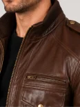 Men’s Flap Pockets Military Style Leather Jacket