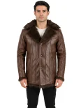 Men’s Fur Collar Leather Coat with Button Front Closure