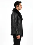 Men’s Fur Collar Leather Coat with Button Front Closure