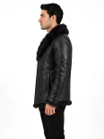 Men’s Fur Collar Leather Coat with Button Front Closure