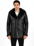 Men’s Fur Collar Leather Coat with Button Front Closure