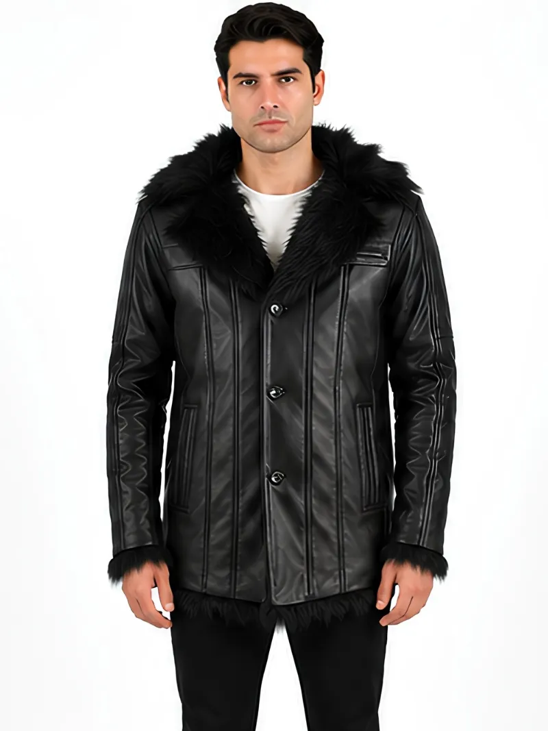 Men’s Fur Collar Leather Coat with Button Front Closure