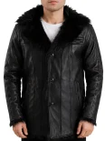 Men’s Fur Collar Leather Coat with Button Front Closure