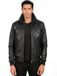 Men’s Ribbed Cuffs Stand Collar Leather Bomber Jacket