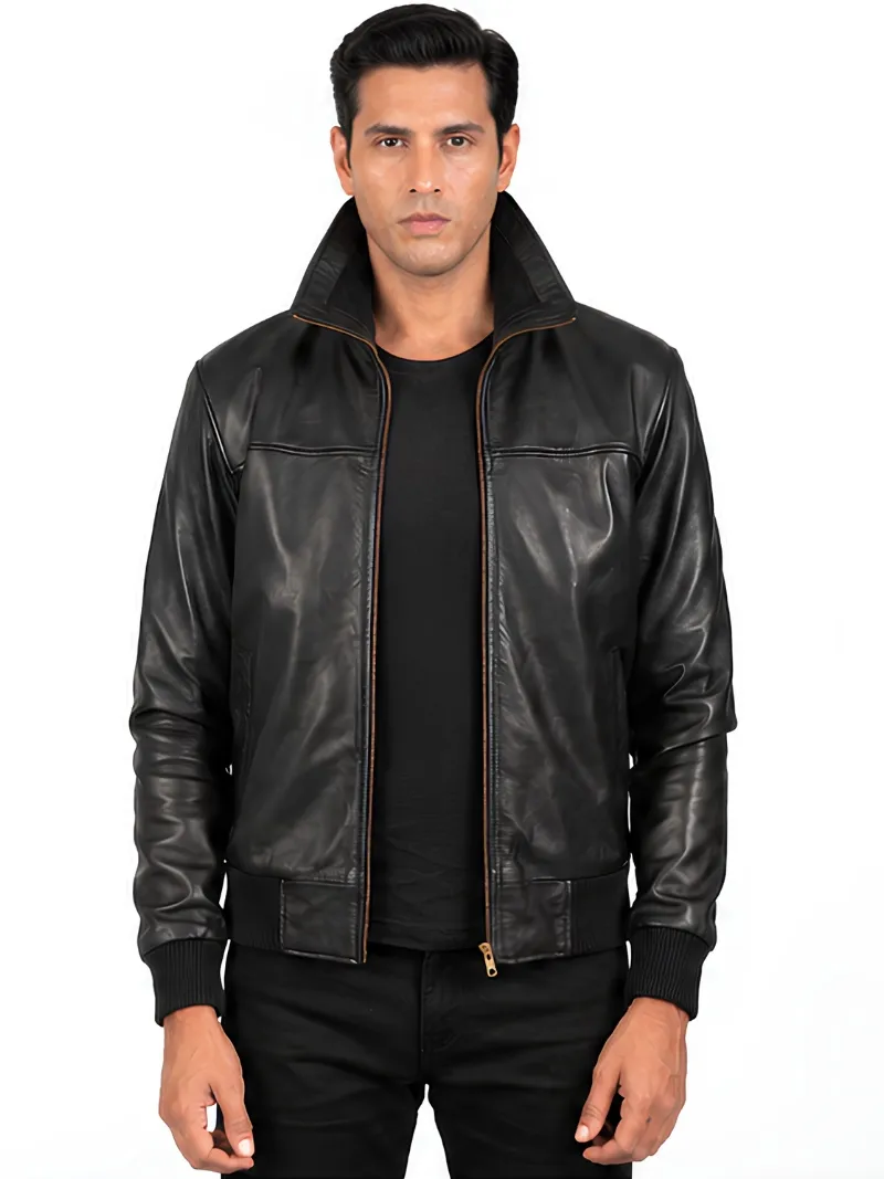 Men’s Ribbed Cuffs Stand Collar Leather Bomber Jacket