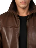 Men’s Ribbed Cuffs Stand Collar Leather Bomber Jacket