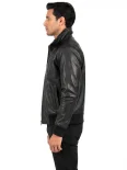 Men’s Ribbed Cuffs Stand Collar Leather Bomber Jacket