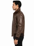 Men’s Ribbed Cuffs Stand Collar Leather Bomber Jacket