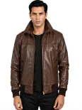 Men’s Ribbed Cuffs Stand Collar Leather Bomber Jacket