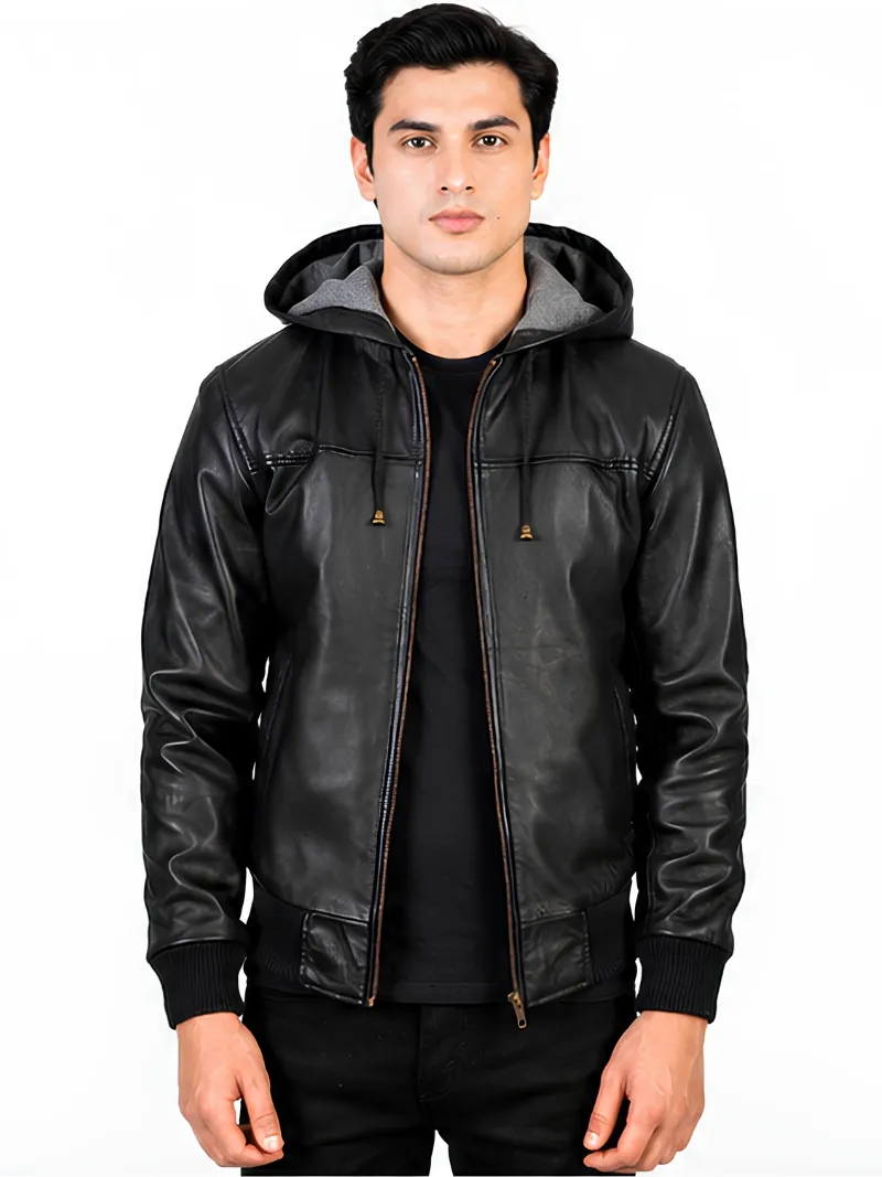 Men’s Zip Front Hooded Leather Jacket