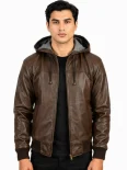 Men’s Zip Front Hooded Leather Jacket