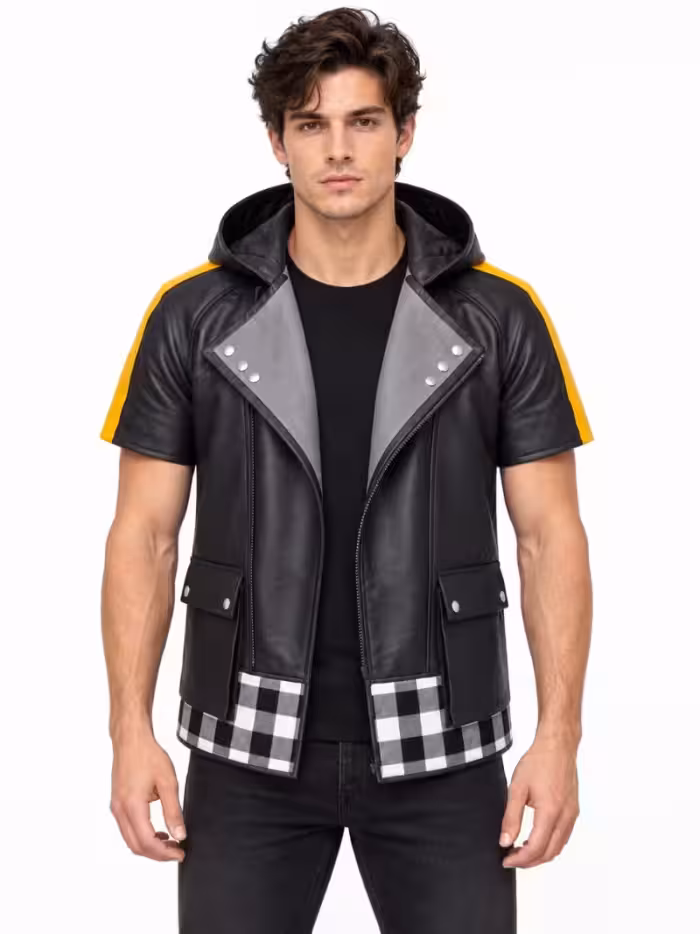 Mens-Handmade-Hooded-Faux-Leather-Biker-Jacket-Short-Sleeve-Moto-Streetwear-Jacket