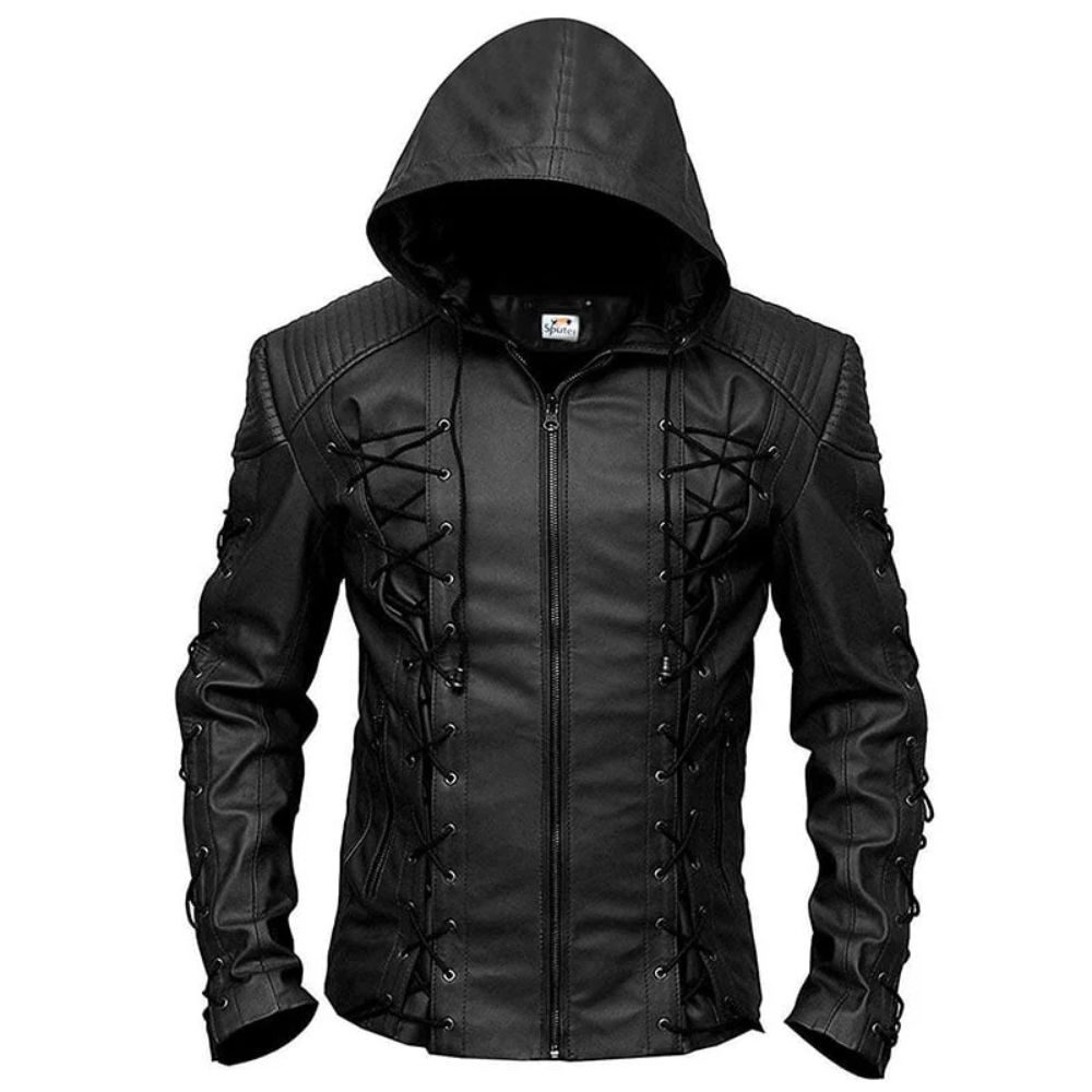 Arrow Season 6 Black Hooded Biker Leather Jacket Costume