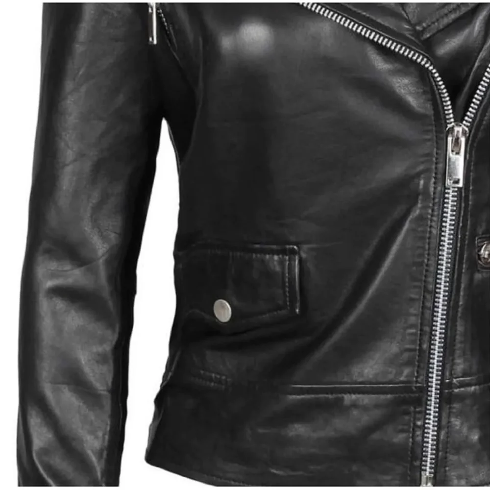 Asymmetrical Black Leather Jacket closed