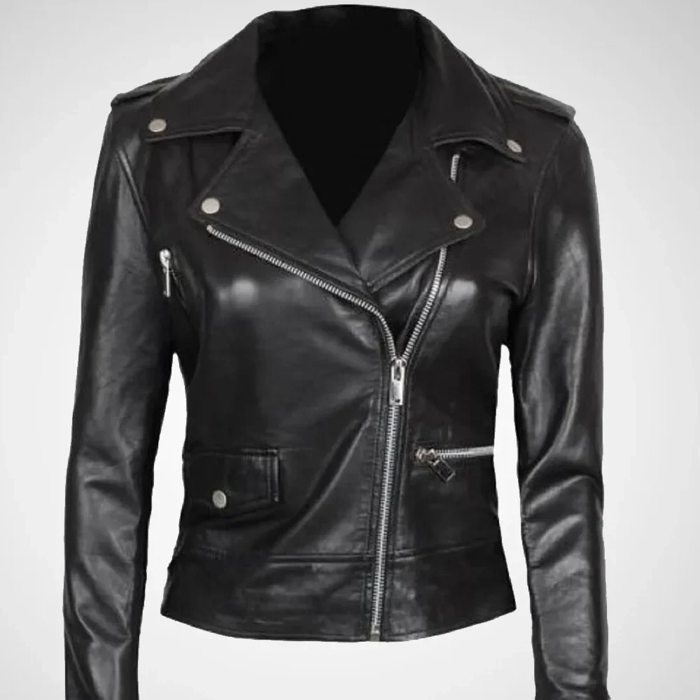 Asymmetrical Black Leather Jacket front