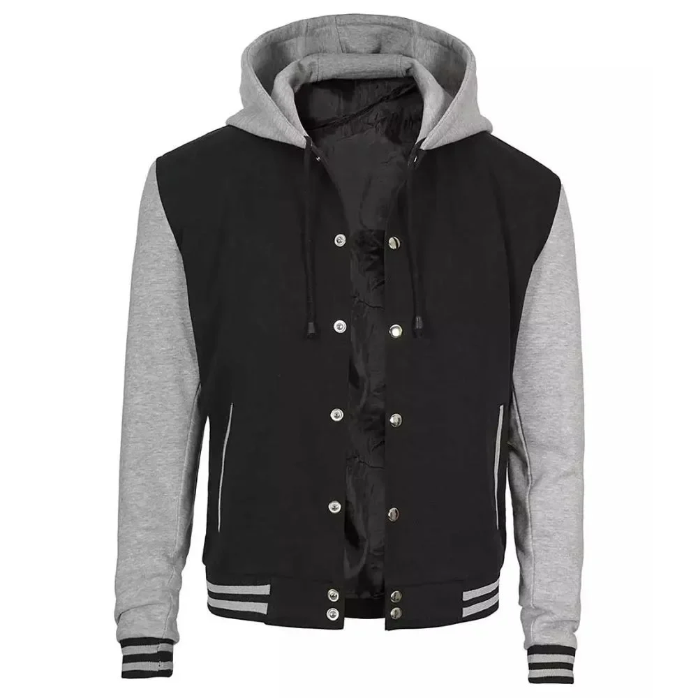Men's Black & Grey Hoodie Baseball Varsity Jacket