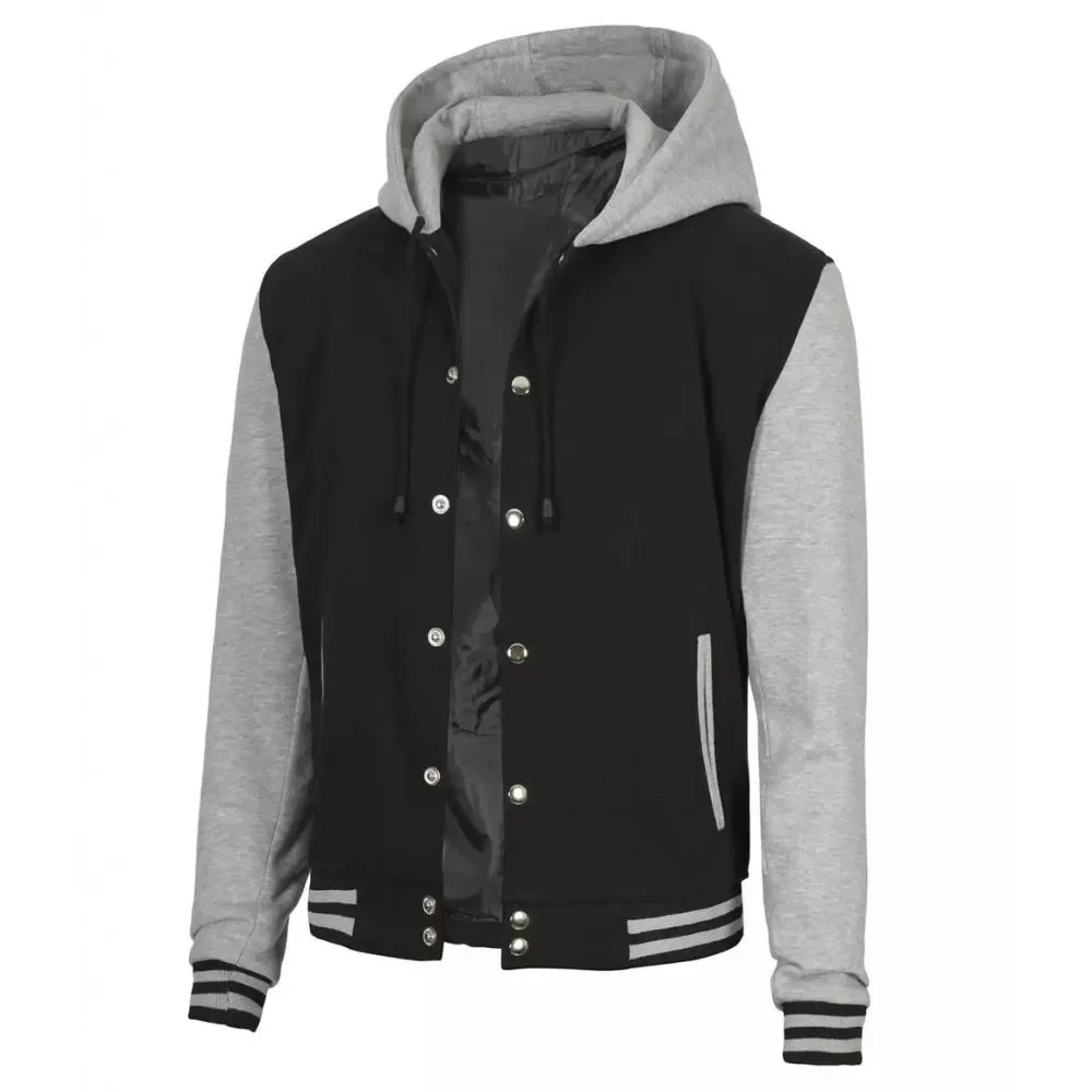 Men's Black & Grey Hoodie Baseball Varsity Jacket