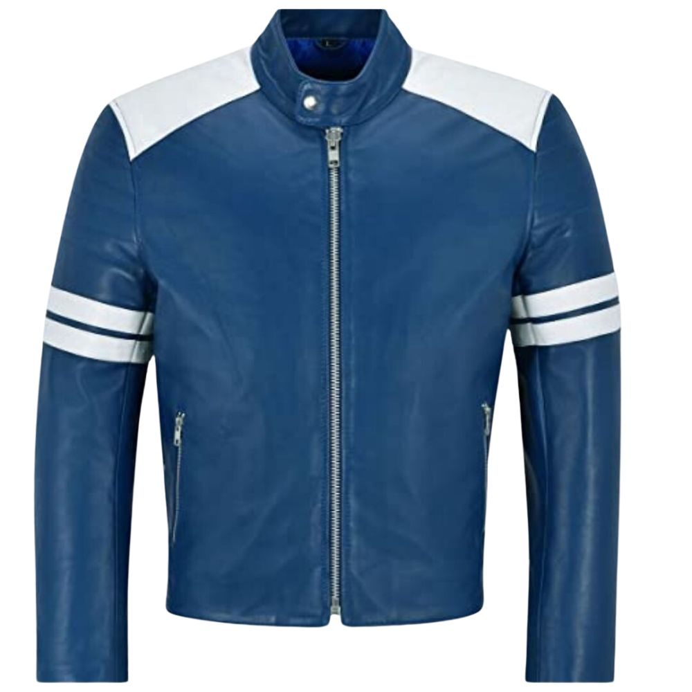 Luxurious White Stripe Blue Leather Jacket