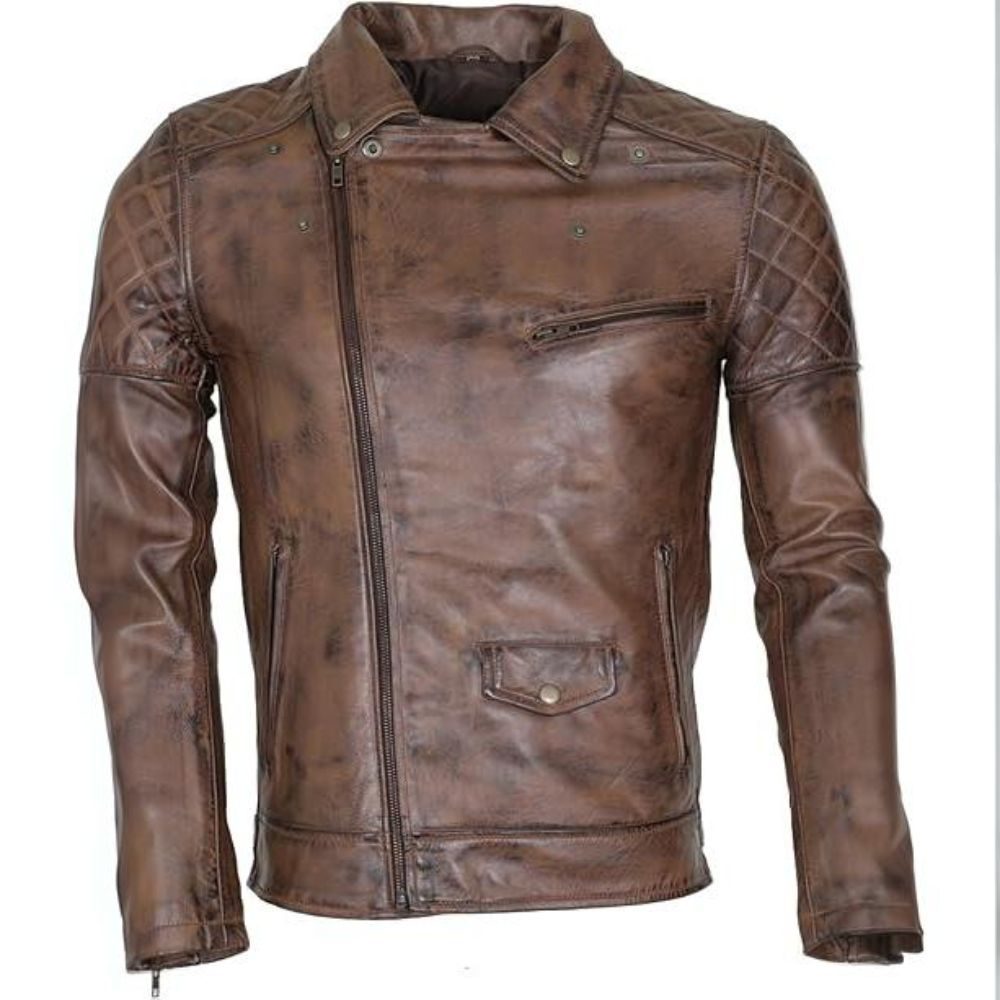 Brando Men Classic Motorcyle Brown Waxed Leather Jacket