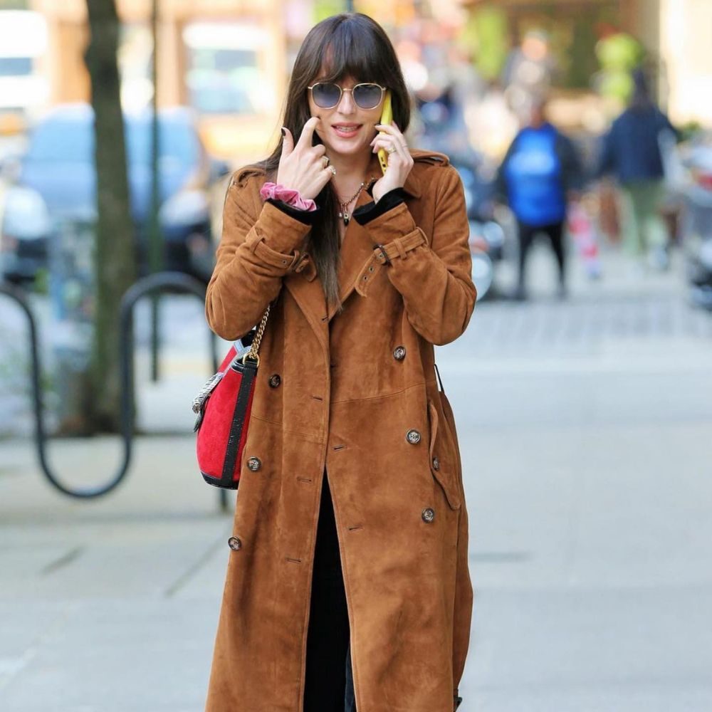 Dakota Johnson Street Style Suede Coat