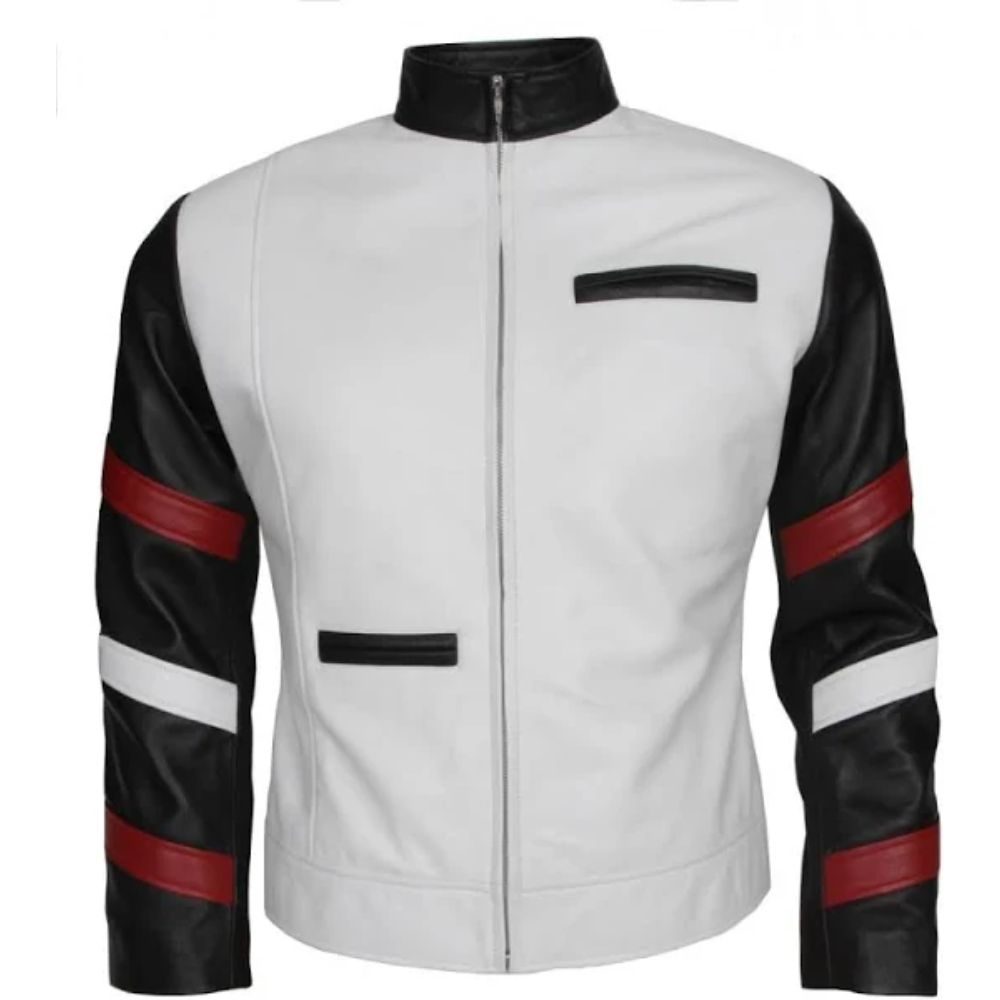BruceLee Stripe White Leather Jacket