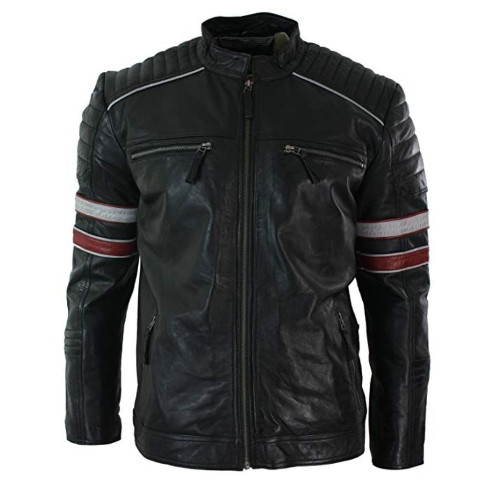 Biker Black Retro 3 Quilted Striped Moto Leather Jacket
