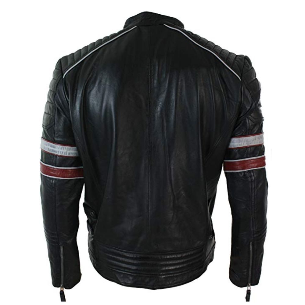 Biker Black Retro 3 Quilted Striped Moto Leather Jacket