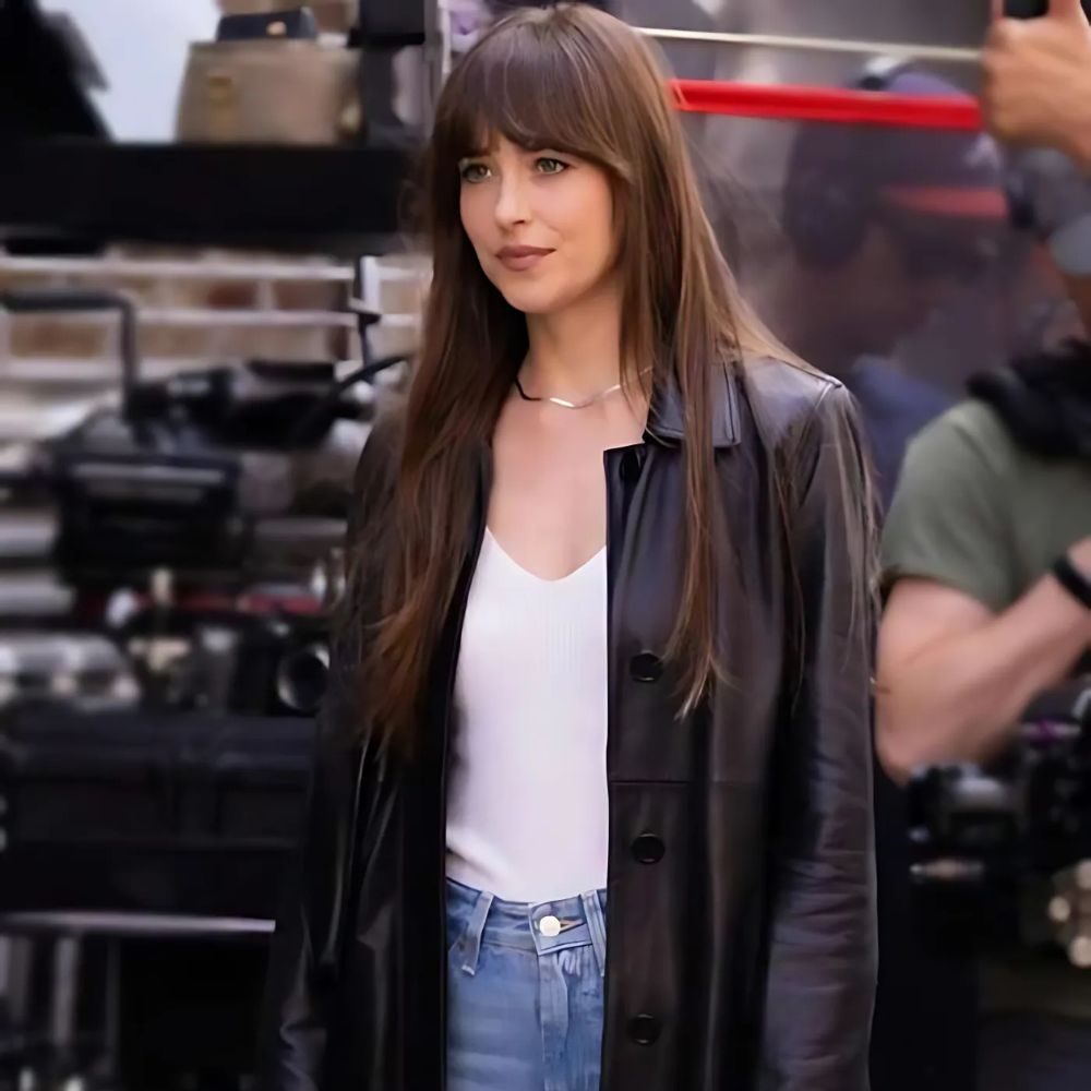 Materialists 2025 Dakota Johnson Black Leather Coat