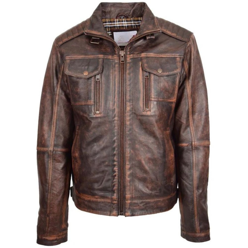 Men Brown Vintage Leather Biker Hugo Jacket
