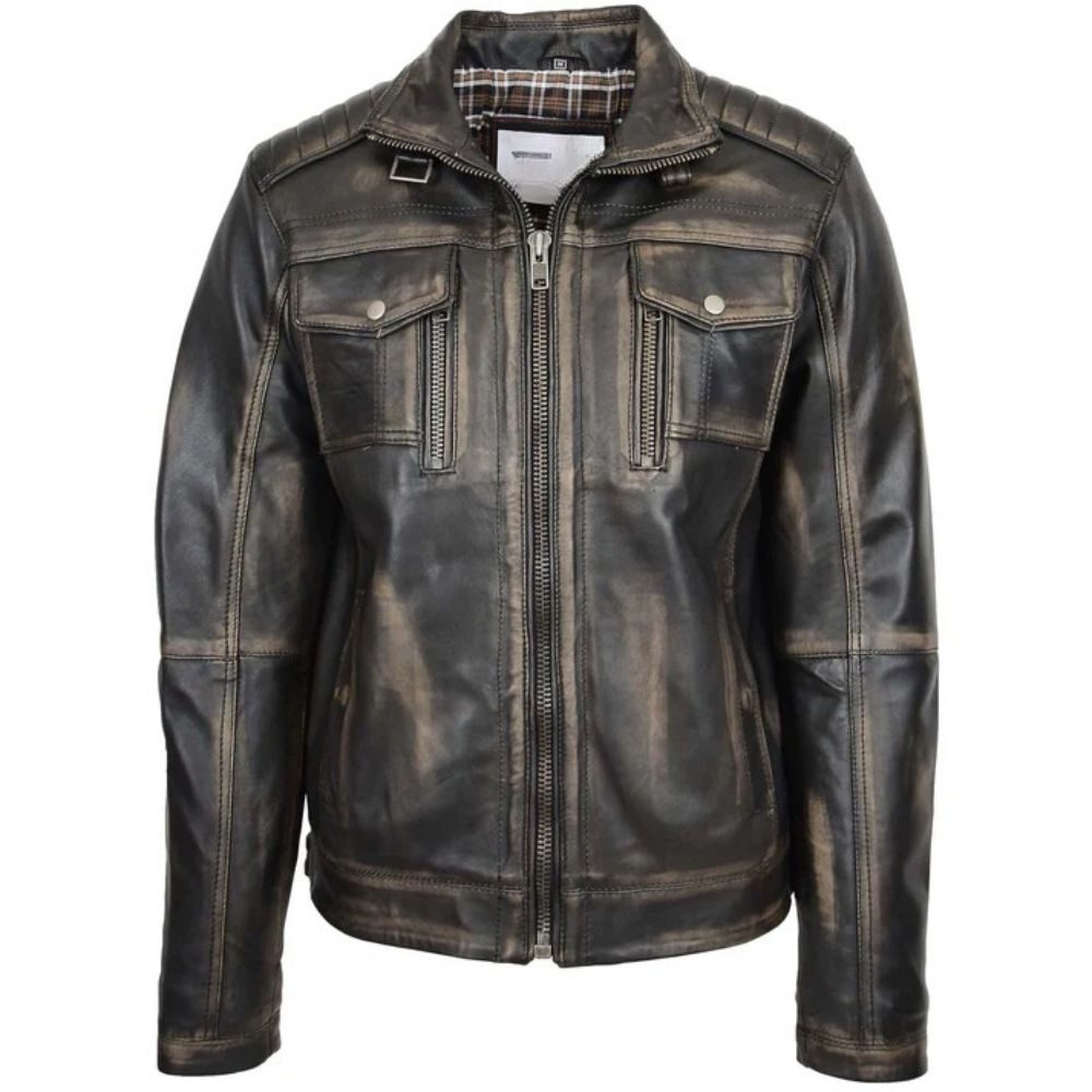 Men Vintage Leather Biker Hugo Jacket