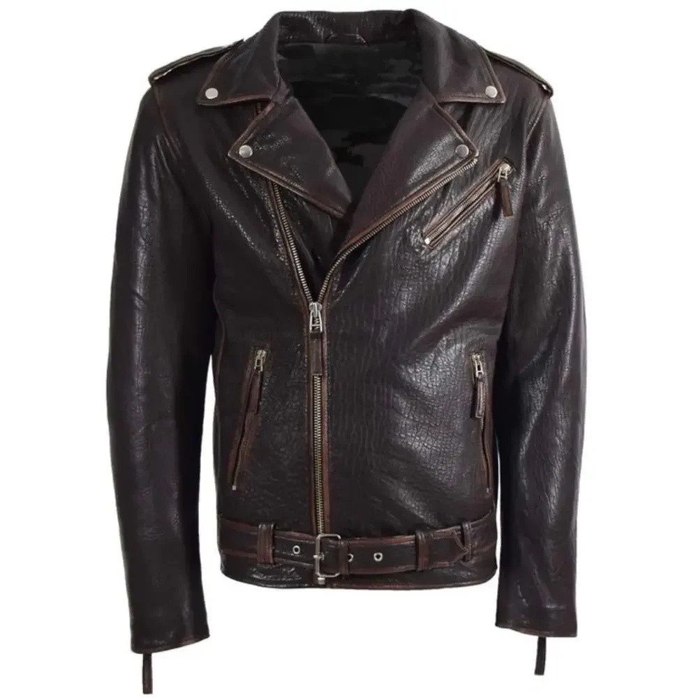Men's Belted Waist Vintage Brown Leather Biker Jacket
