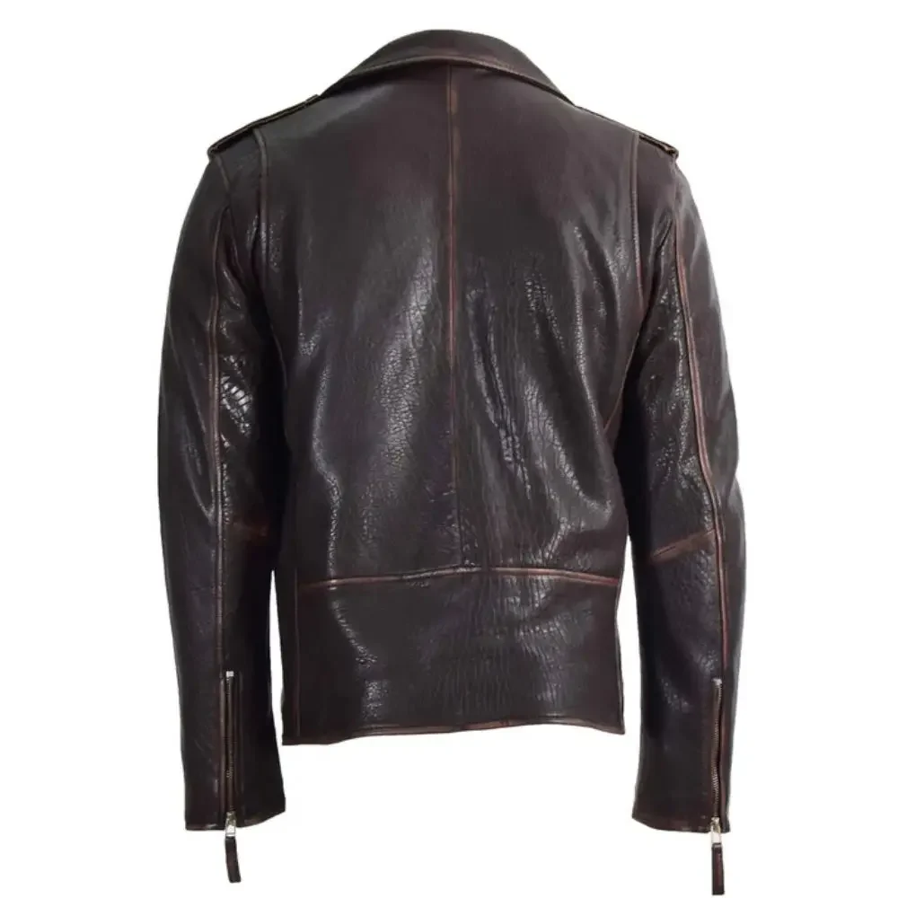 Men's Belted Waist Vintage Brown Leather Biker Jacket