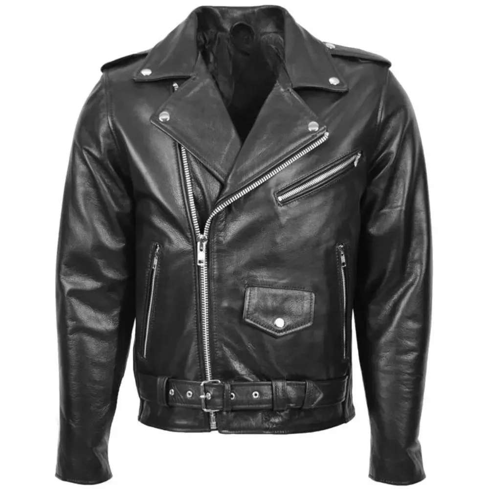 Men Black Belted Brando Leather Biker Jacket
