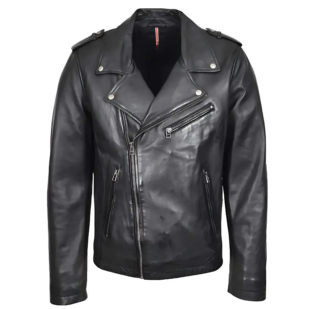 Men Black Brando Biker Cross Zip Leather Jacket