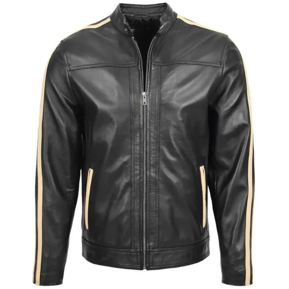Men Black Leather Racing Stripes Biker Jacket