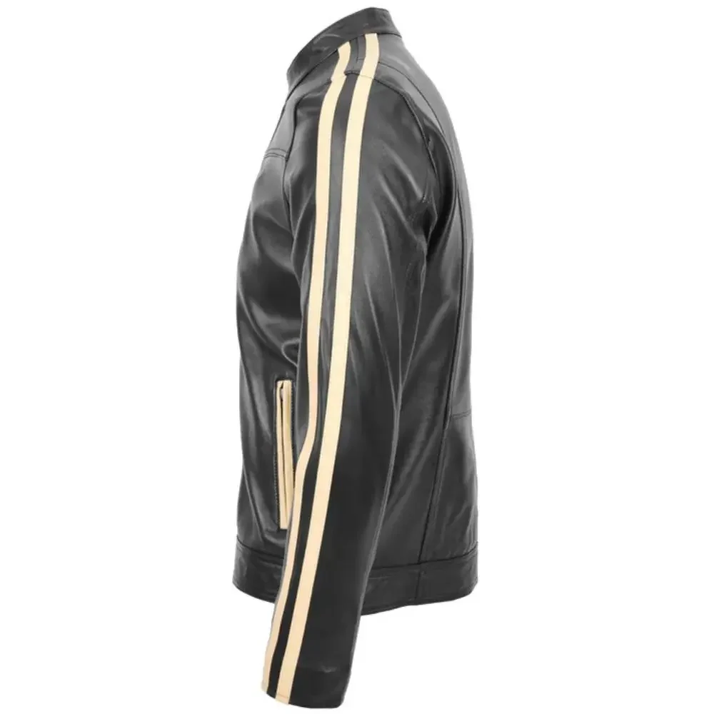 Men Black Leather Racing Stripes Biker Jacket