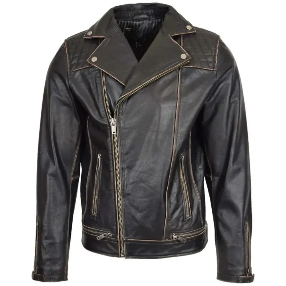 Men’s Black Retro Asymmetrical Leather Biker Jacket