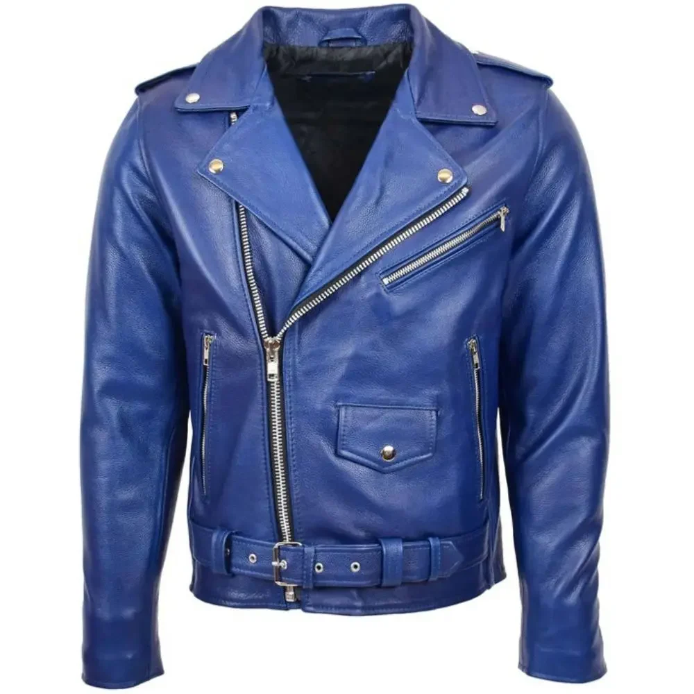 Men Blue Belted Brando Leather Biker Jacket