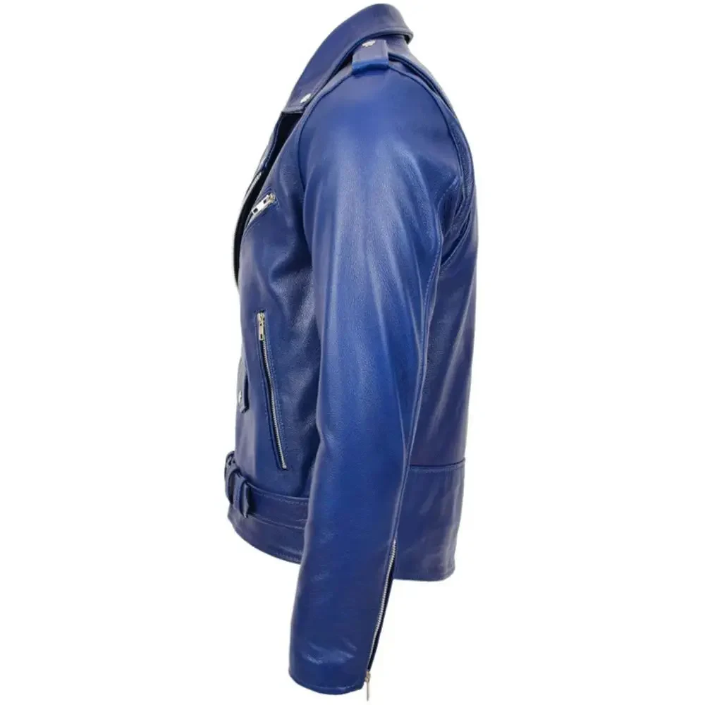 Men Blue Belted Brando Leather Biker Jacket
