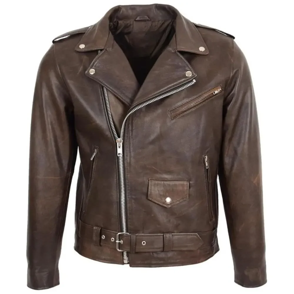 Men Brown Belted Brando Leather Biker Jacket