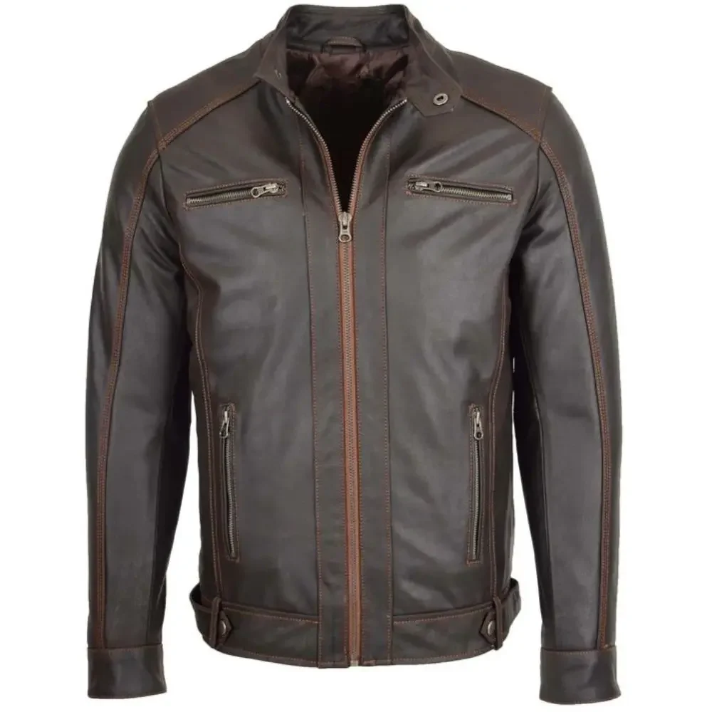 Men Brown Slim Fit Biker Leather Jacket