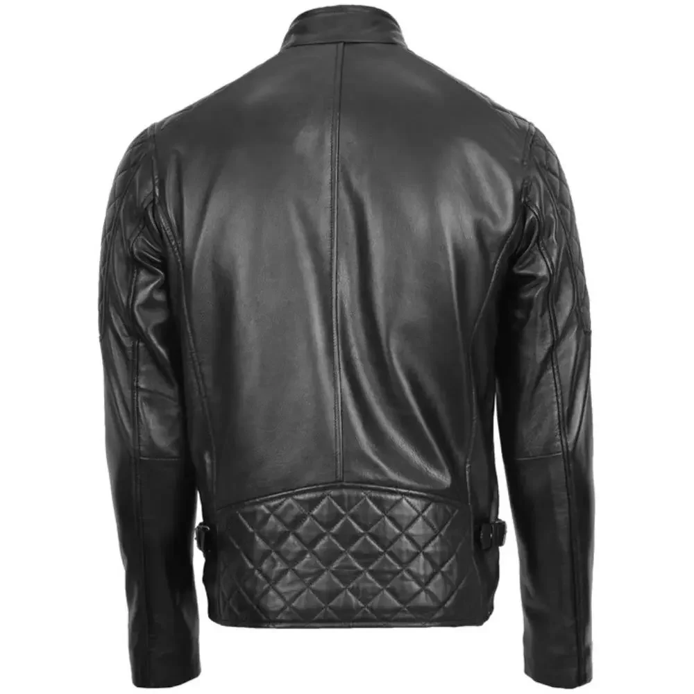 Men Quilted Black Leather Biker Jacket
