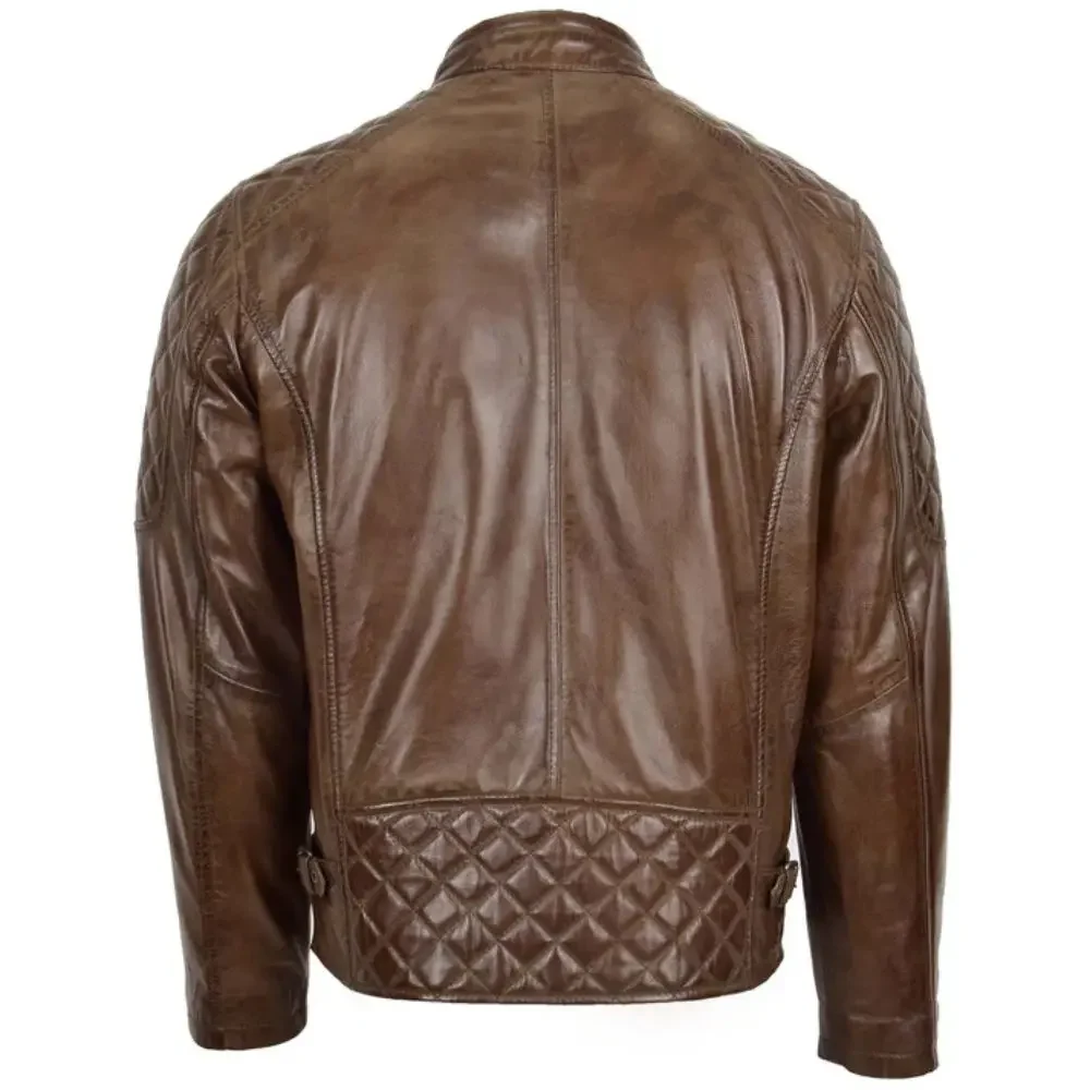 Men Brown Quilted Leather Biker Jacket