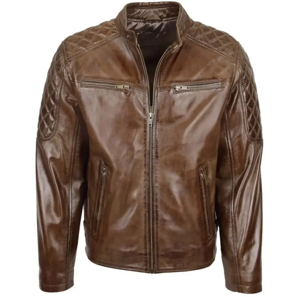 Men Brown Quilted Leather Biker Jacket