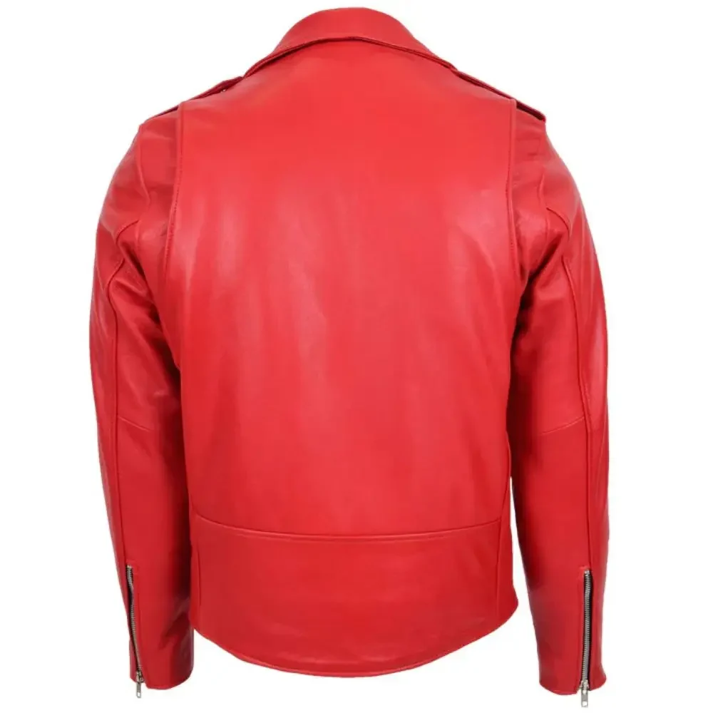 Men Red Belted Brando Leather Biker Jacket