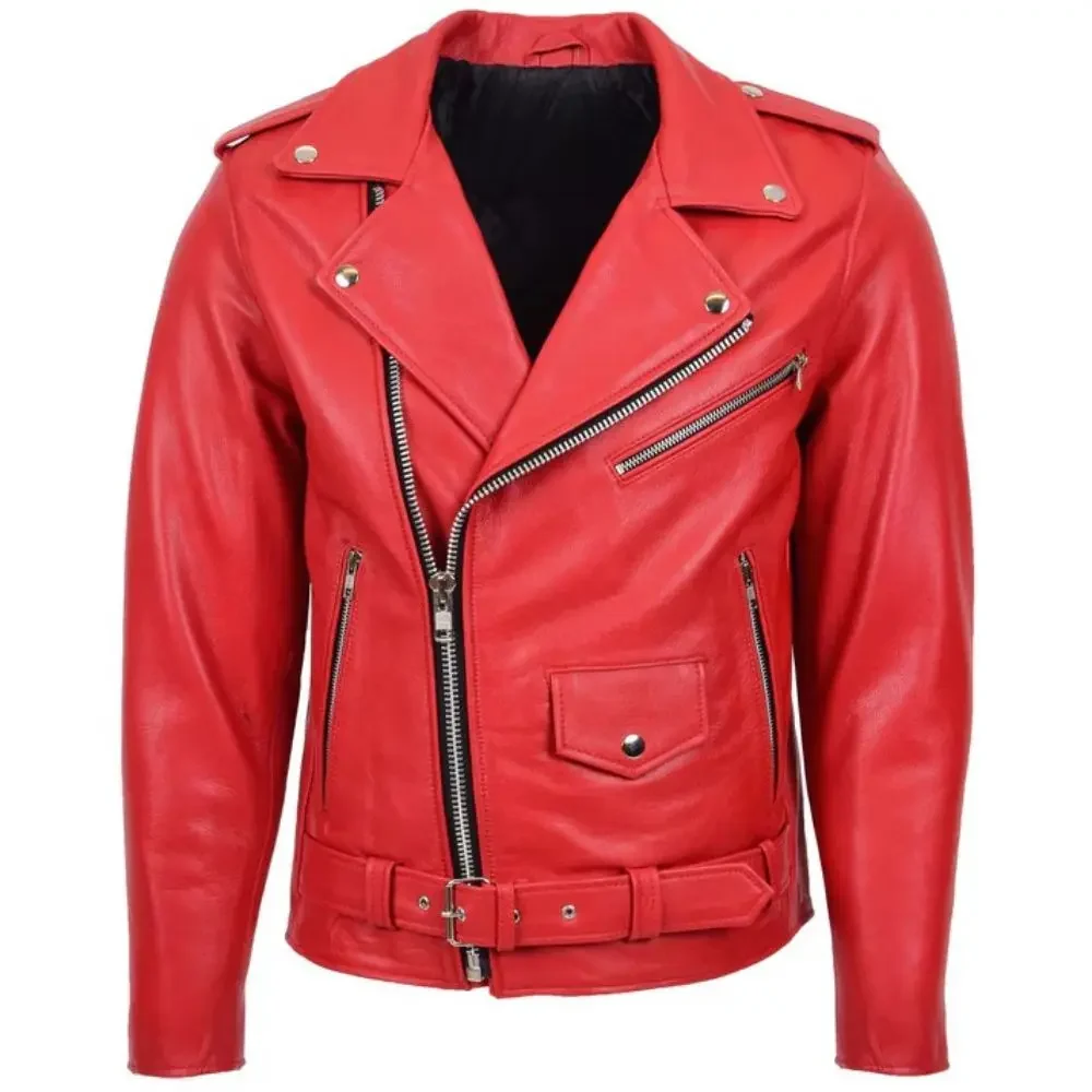 Men Red Belted Brando Leather Biker Jacket