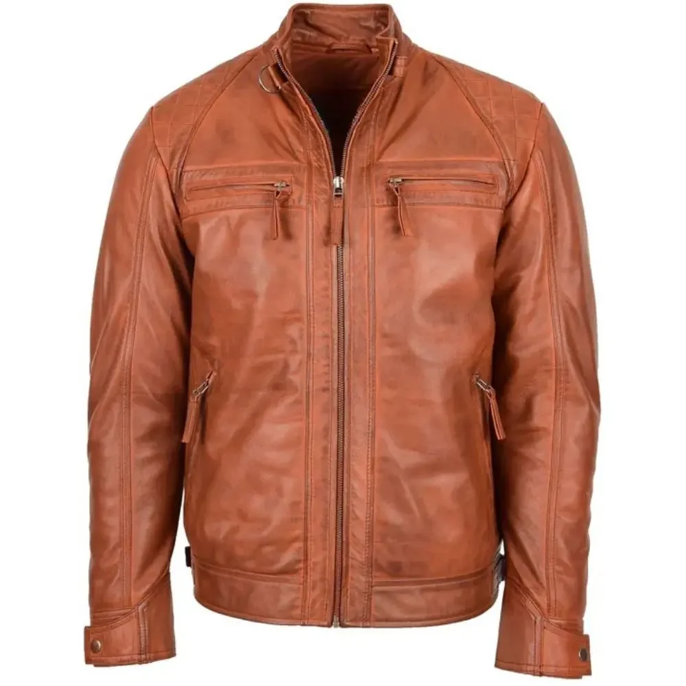 Men's Tan Quilted Leather Biker Jacket
