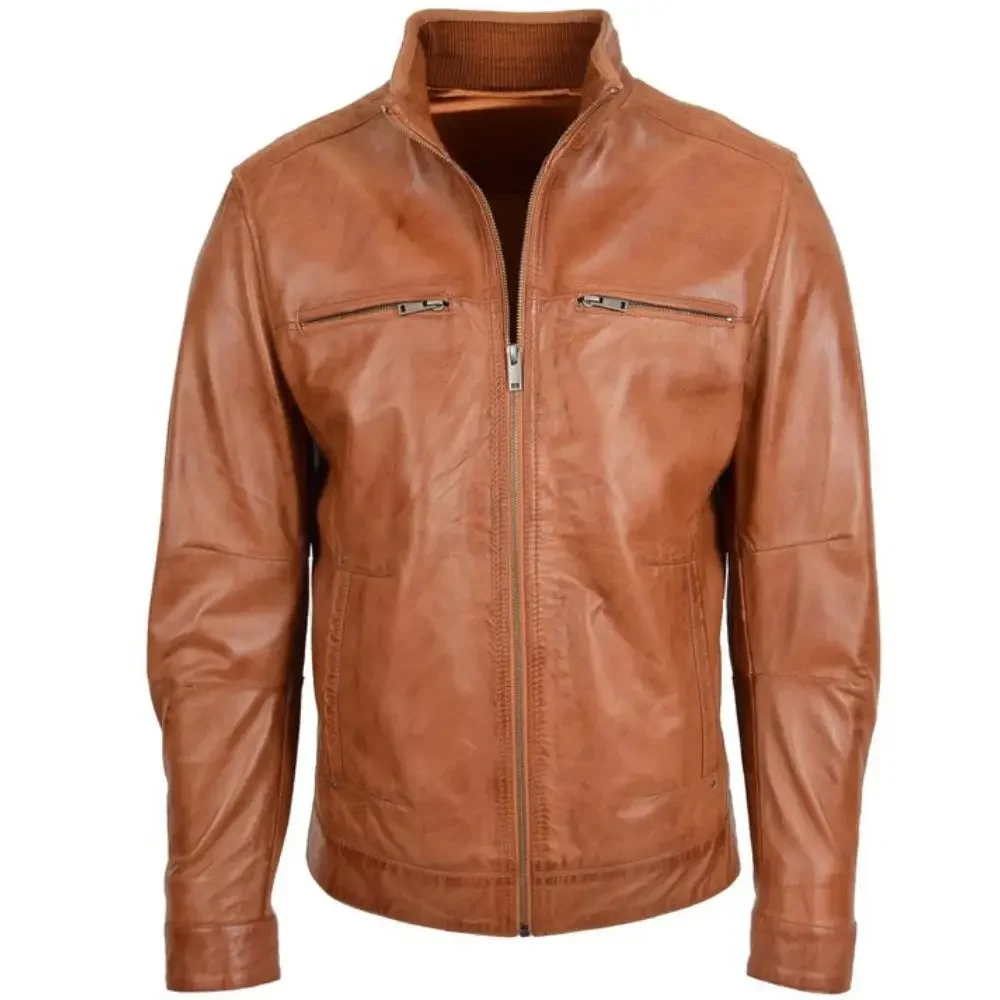 Men Tan Ribbed Collar Biker Leather Jacket